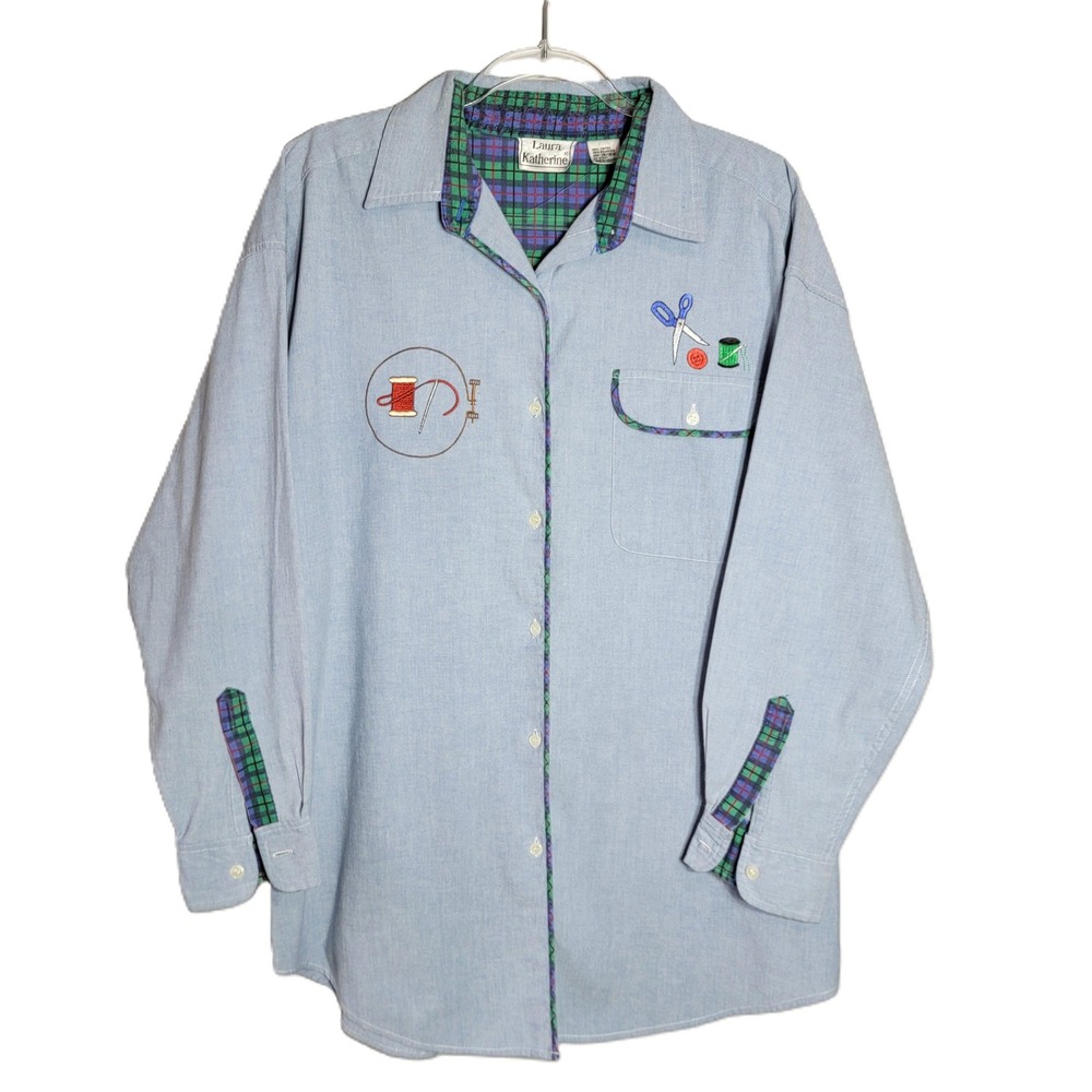 VTG Laura Katherine Womens 18W Sewing Embroidery‎ Chambray Button Up Shirt
